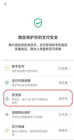 找到【安全锁】一项进入，为支付页面设置安全密码锁